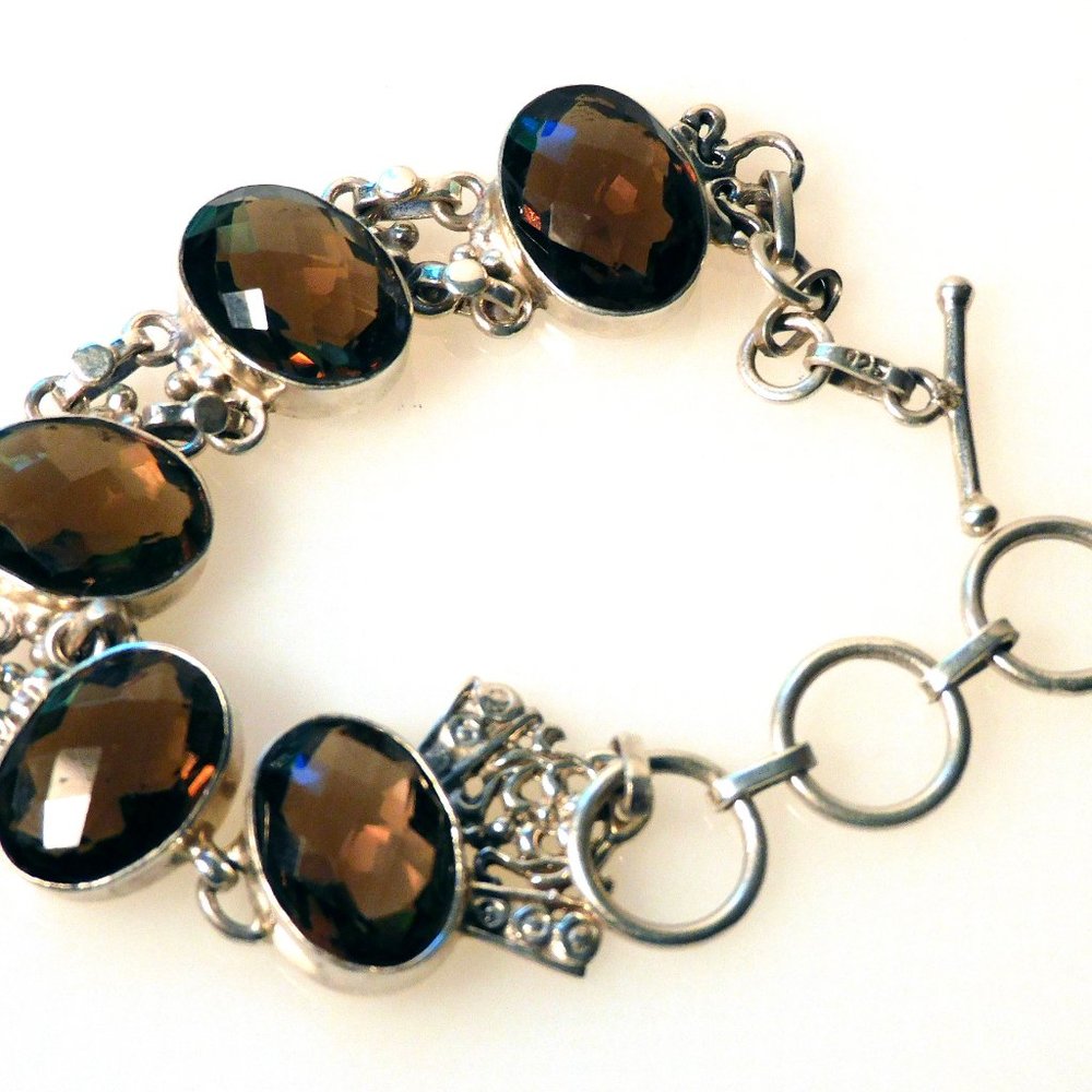 Vintage Sterling Silver Faceted Smokey Quartz Bracelet